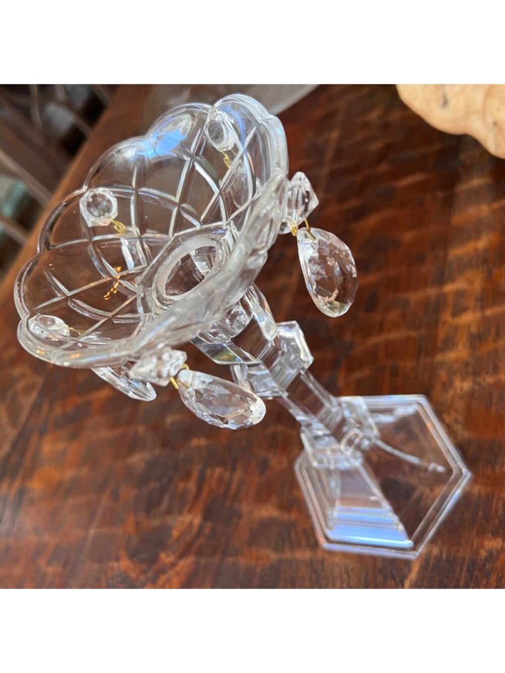 Vintage Crystal Candle Holder With Faceted Drops & Intricate Cut Glass Design